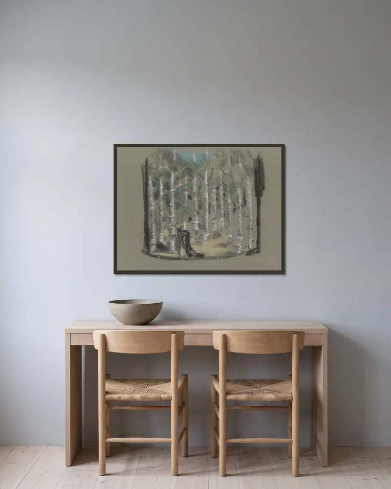 Dom Juan – scenografimodell – akt III, trädgård av Christian Bérard inramad på en vägg