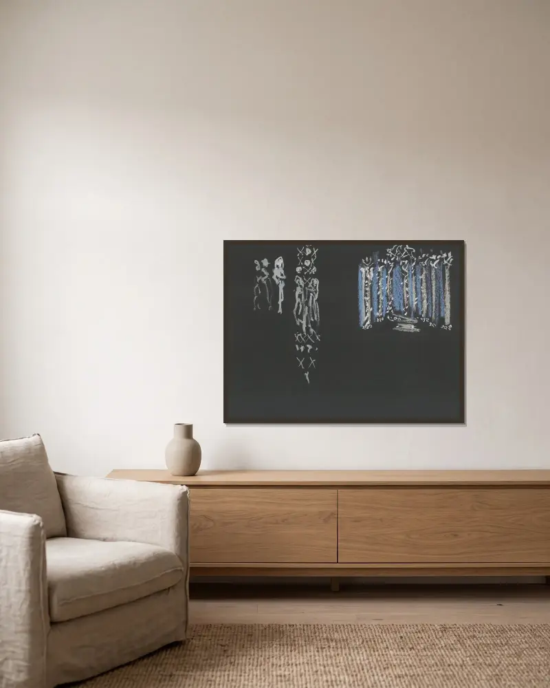 Dom Juan – Bühnenbild – Akt V, Grab des Dom Juan von Christian Bérard gerahmt an einer Wand