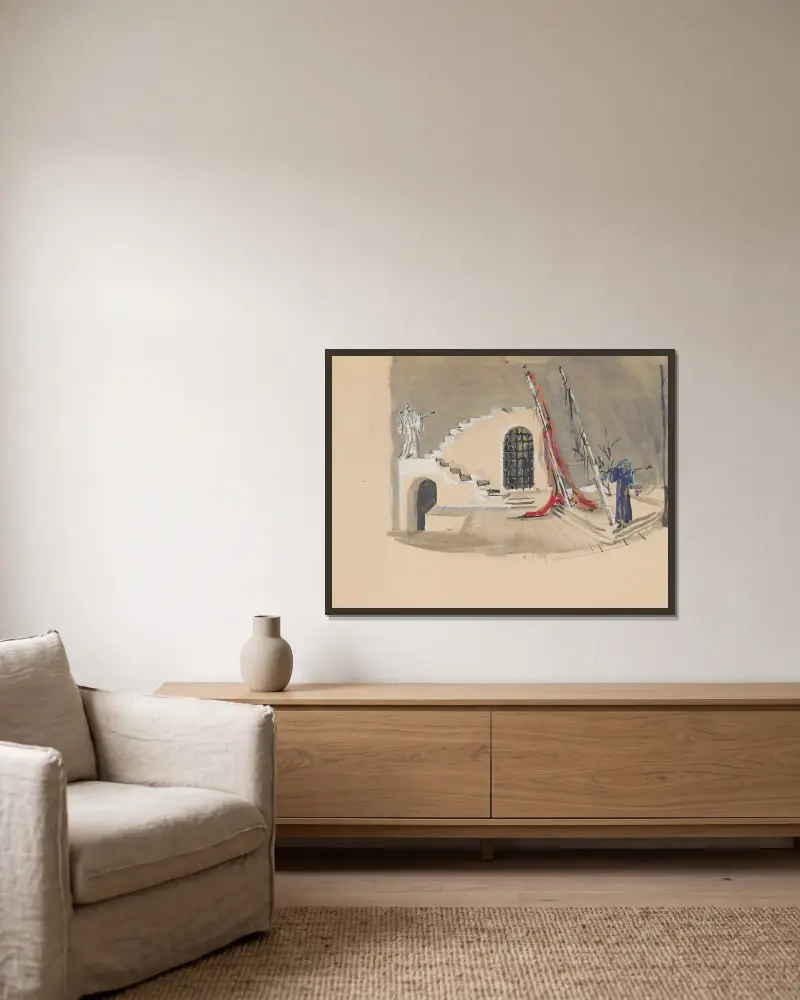 Sodom und Gomorrha – Dekorationsskizze – Struktur mit Treppe, 2. Akt von Christian Bérard gerahmt an einer Wand