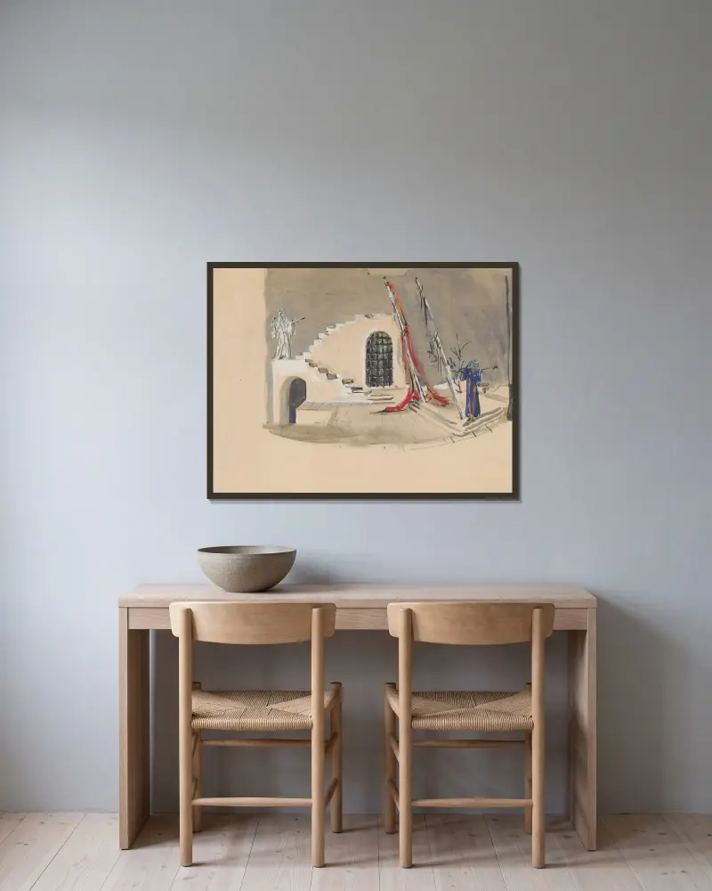 Sodom und Gomorrha – Dekorationsskizze – Struktur mit Treppe, 2. Akt von Christian Bérard gerahmt an einer Wand