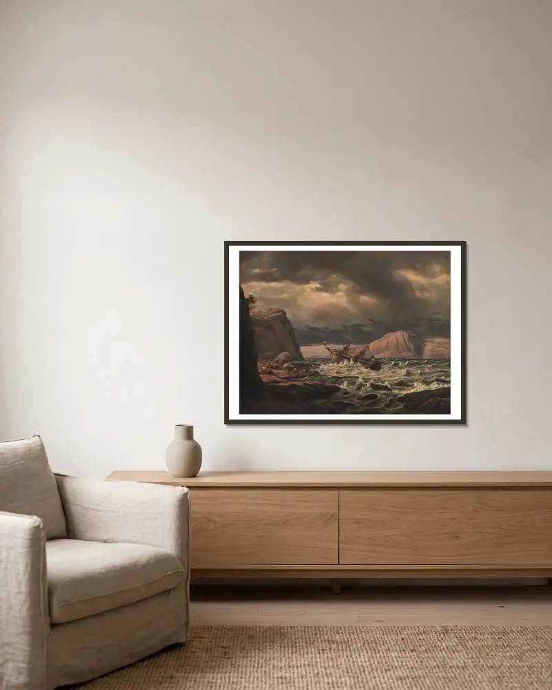 Schiffbruch vor der Küste Norwegens von Johan Christian Dahl gerahmt an einer Wand