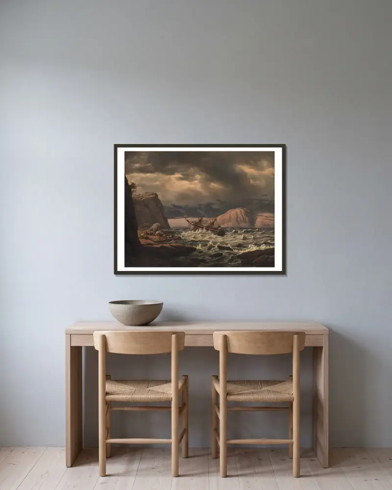 Schiffbruch vor der Küste Norwegens von Johan Christian Dahl gerahmt an einer Wand