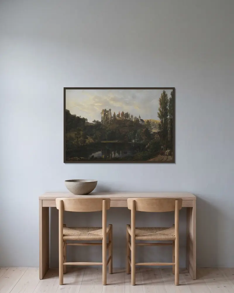 Slottsruinen vid Tharandt av Johan Christian Dahl inramad på en vägg