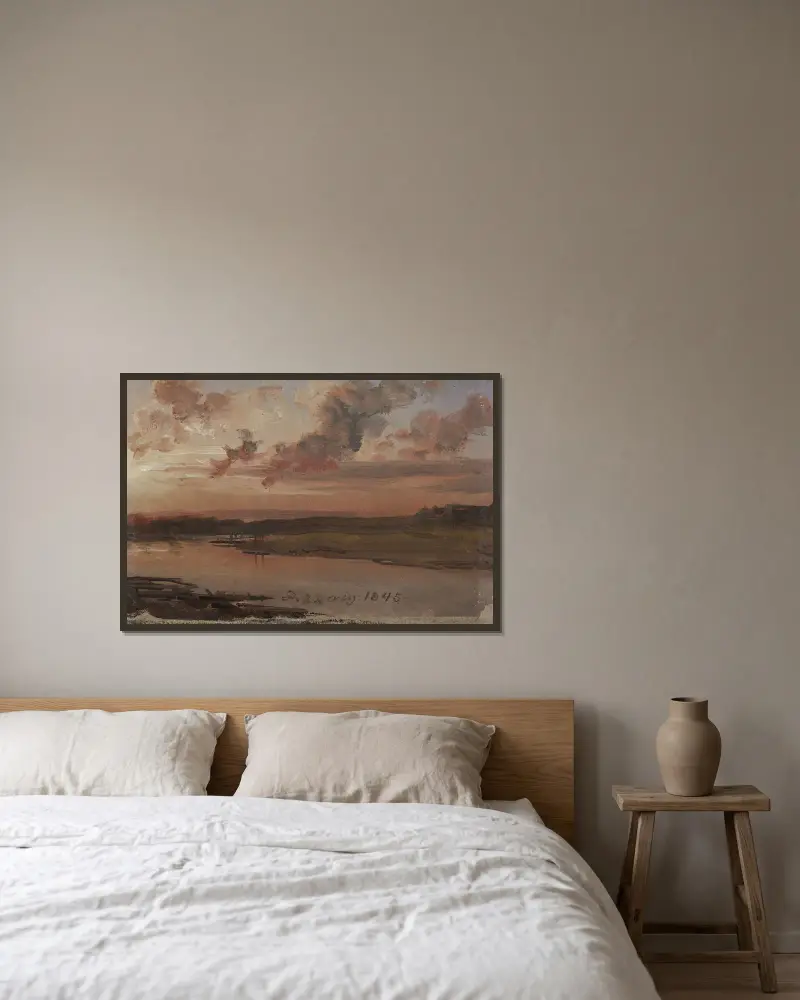Die Elbe im Abendlicht von Johan Christian Dahl gerahmt an einer Wand