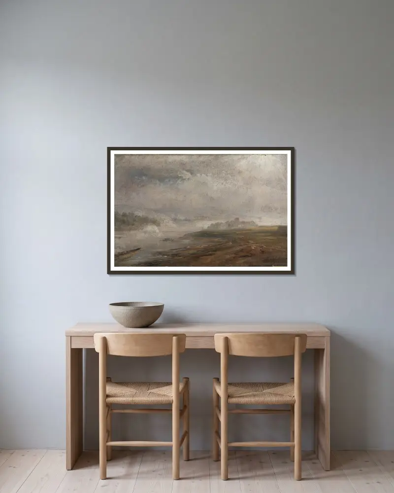 Elbe en dimmig morgon av Johan Christian Dahl inramad på en vägg