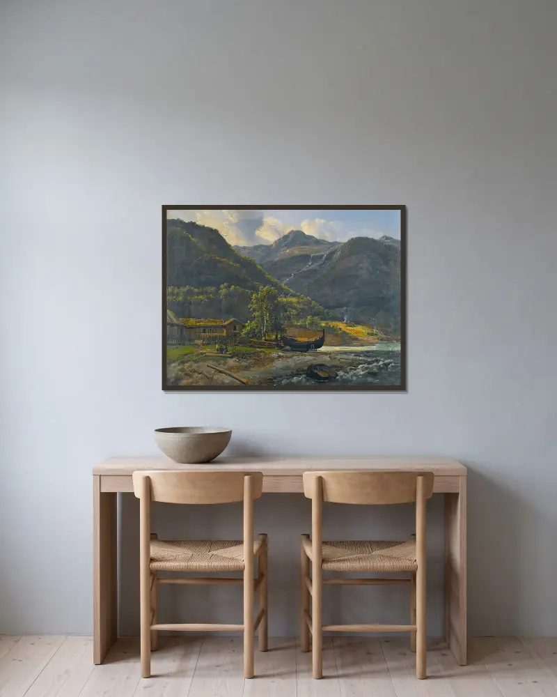 Utsikt mot Skjolden i Lyster av Johan Christian Dahl inramad på en vägg