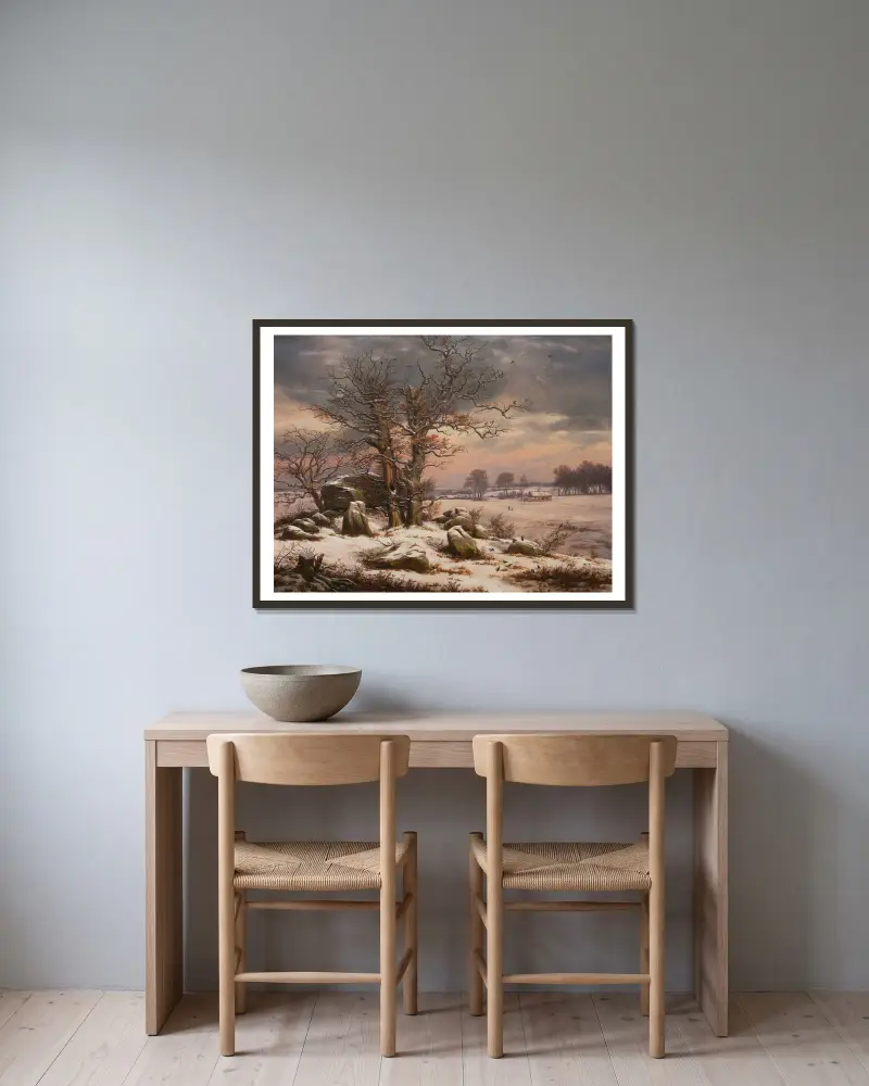Vinterlandskap nära Vordingborg, Danmark av Johan Christian Dahl inramad på en vägg