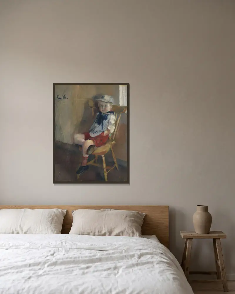 En liten pojke på en stol av Christian Krohg inramad på en vägg