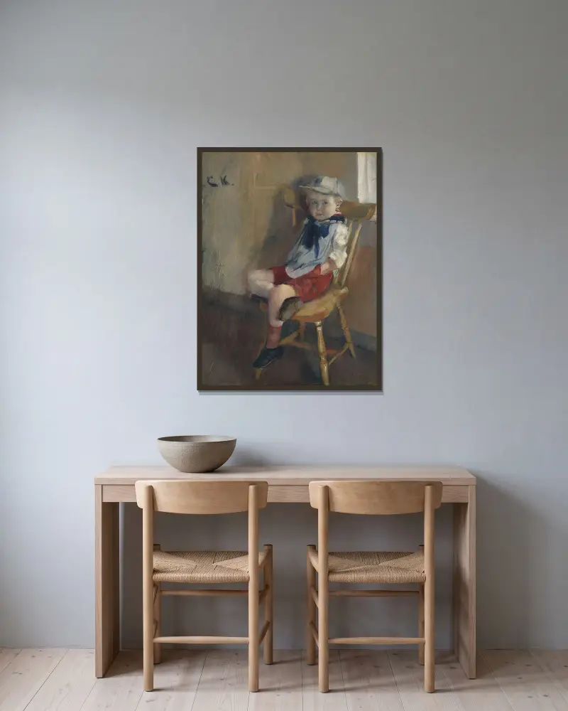 En liten pojke på en stol av Christian Krohg inramad på en vägg