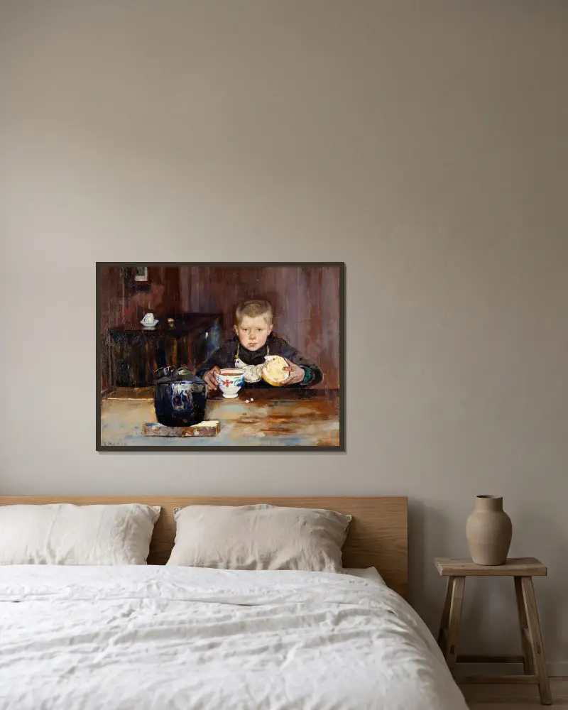 Errand-Boy Drinking Coffee av Christian Krohg inramad på en vägg