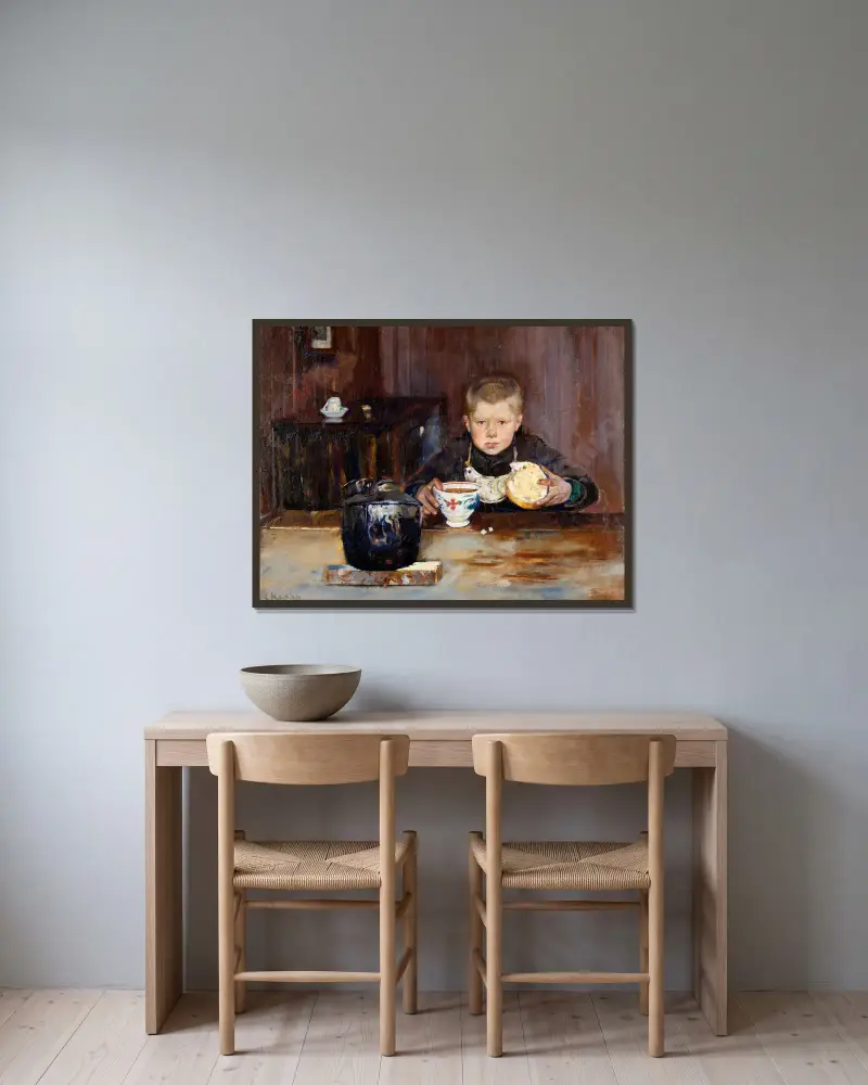 Errand-Boy Drinking Coffee av Christian Krohg inramad på en vägg