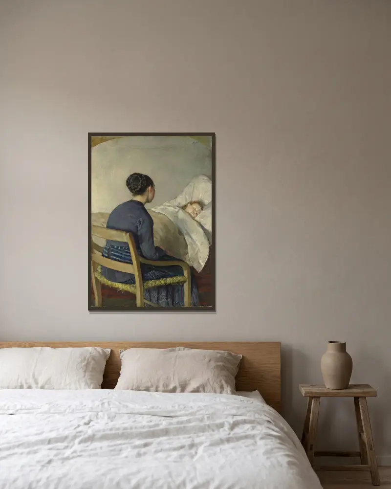 Mor vid sitt barns säng av Christian Krohg inramad på en vägg