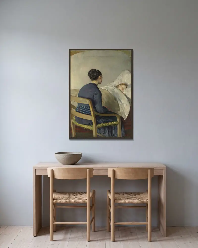 Mor vid sitt barns säng av Christian Krohg inramad på en vägg