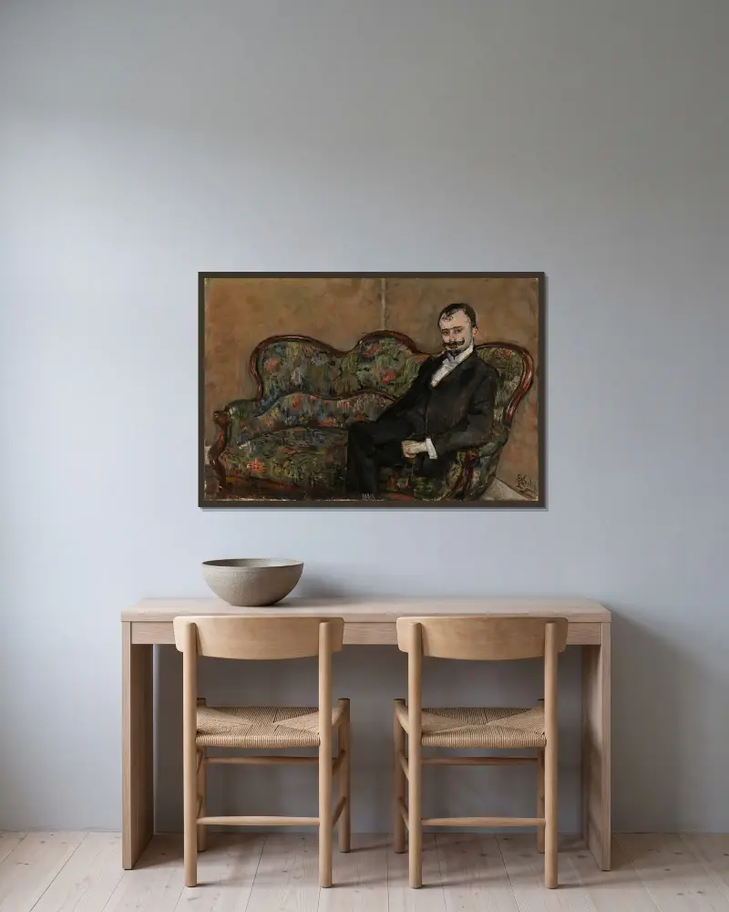 Porträtt av Sigurd Bødtker av Christian Krohg inramad på en vägg