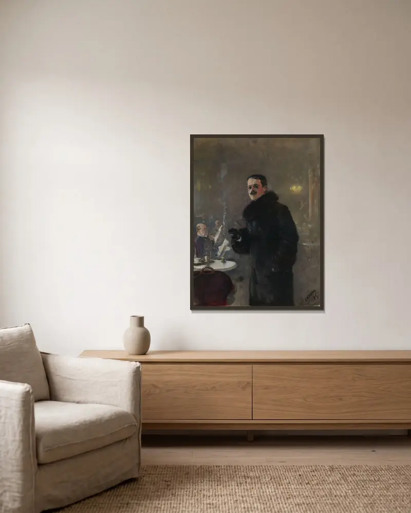 Porträtt av målaren Gerhard Munthe av Christian Krohg inramad på en vägg
