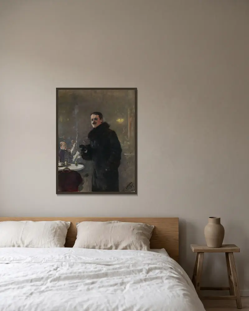 Porträtt av målaren Gerhard Munthe av Christian Krohg inramad på en vägg