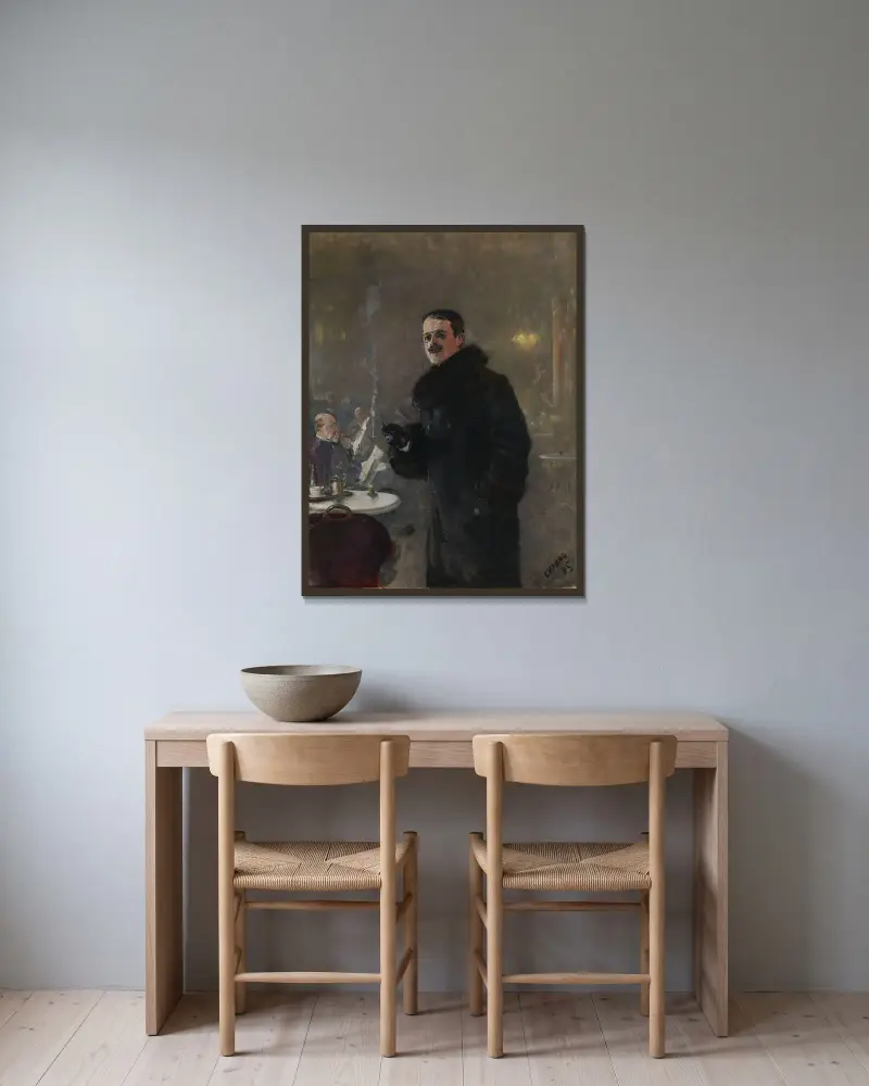Porträtt av målaren Gerhard Munthe av Christian Krohg inramad på en vägg