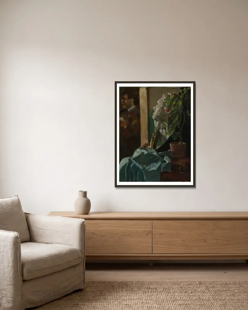 Martwa natura z popiersiem gipsowym, Christian Krohg w ramie na ścianie