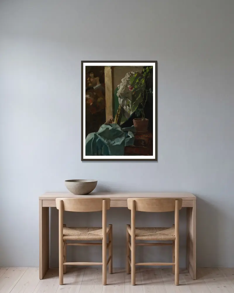 Martwa natura z popiersiem gipsowym, Christian Krohg w ramie na ścianie