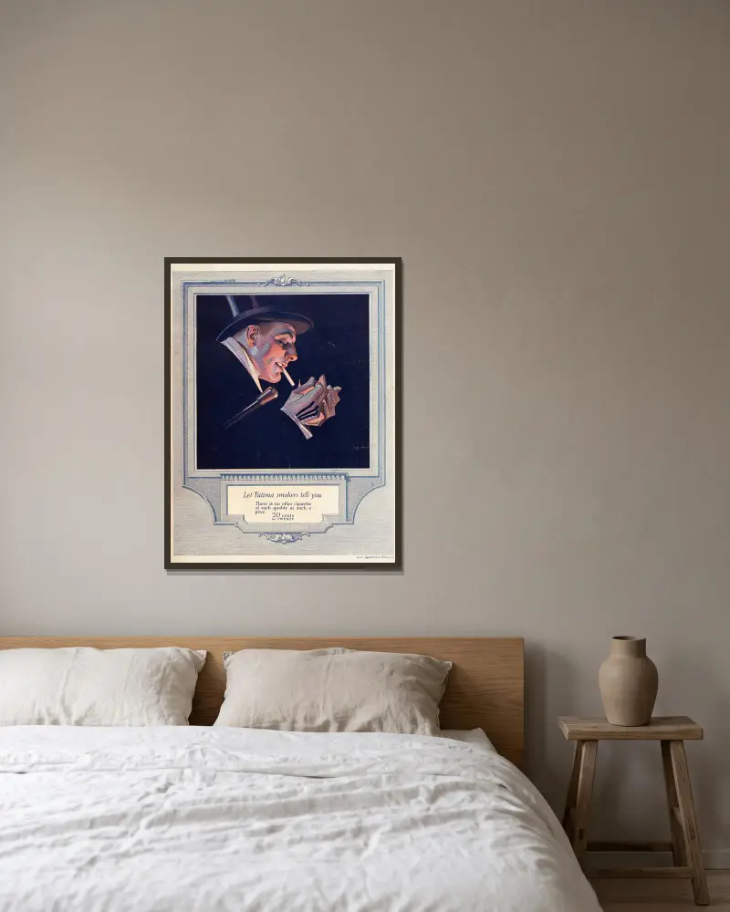 Fatima Cigarette von Joseph Christian Leyendecker gerahmt an einer Wand