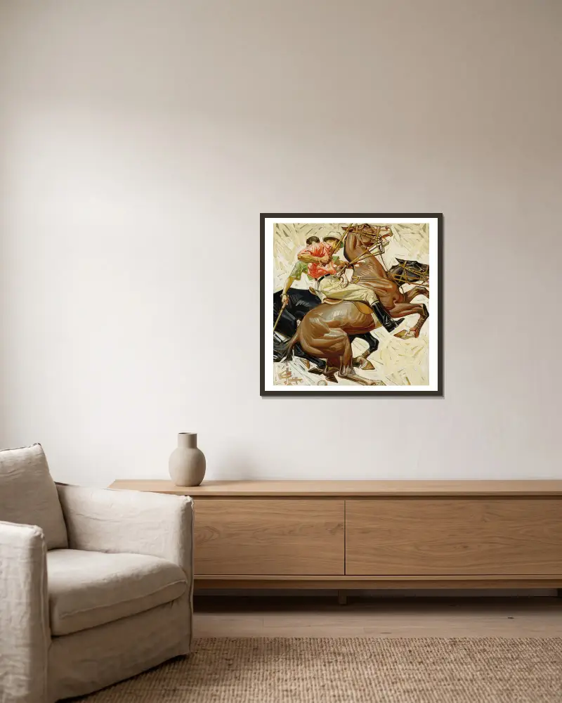 Polospelare till häst av Joseph Christian Leyendecker inramad på en vägg