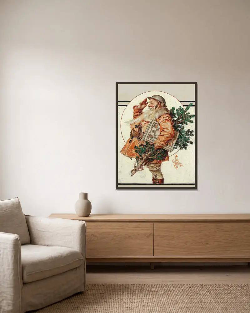 Weihnachtsmann im Ersten Weltkrieg von Joseph Christian Leyendecker gerahmt an einer Wand