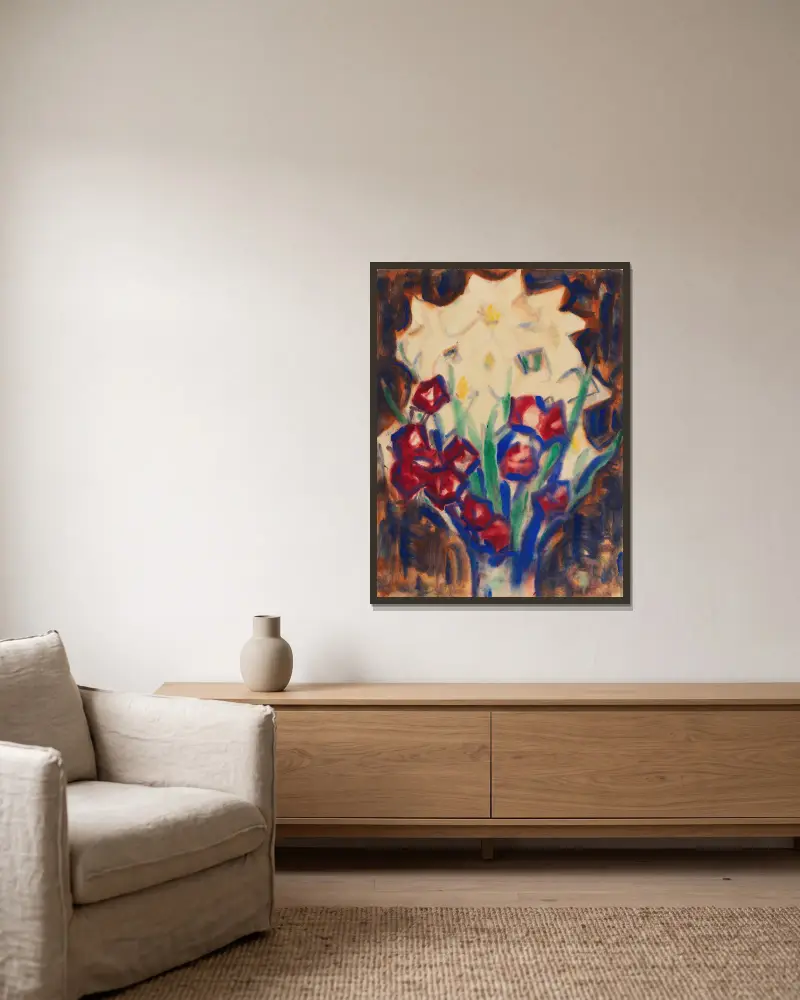 Blumenstillleben, um 1916 von Christian Rohlfs gerahmt an einer Wand