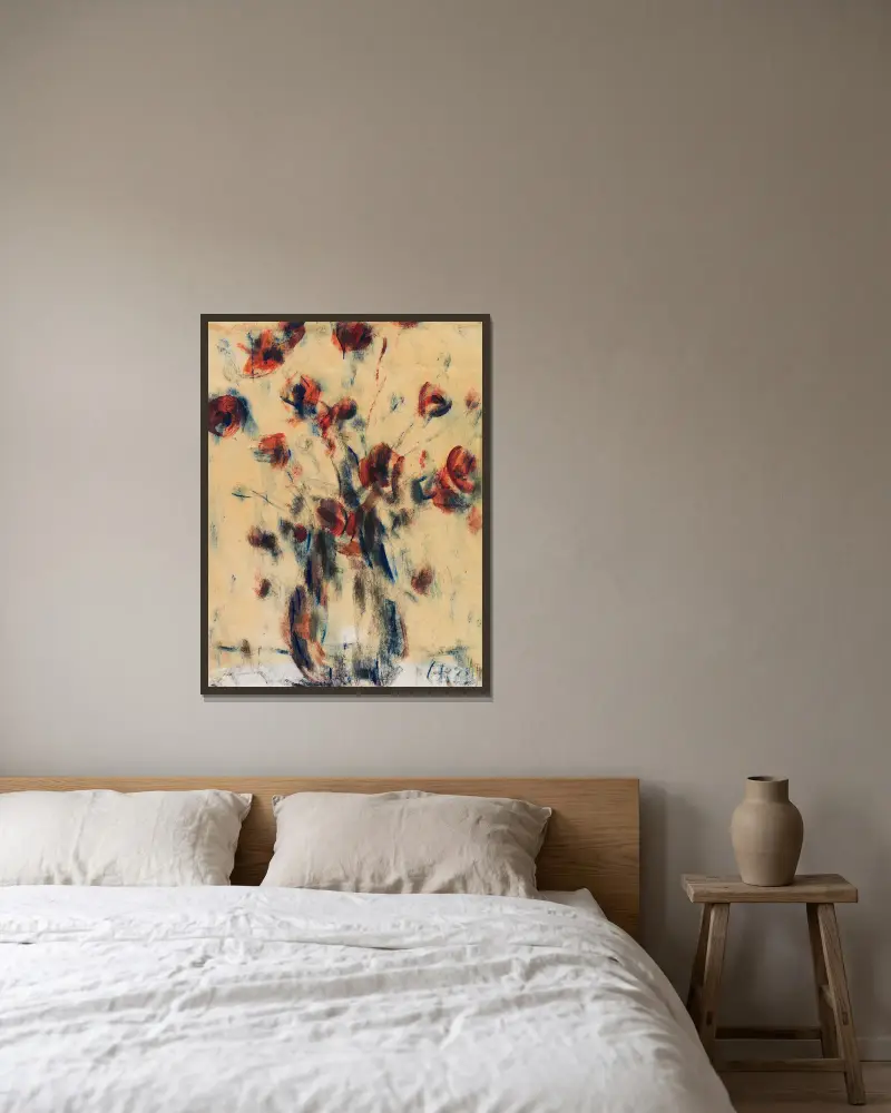 Feldmohn in blauer Vase av Christian Rohlfs inramad på en vägg