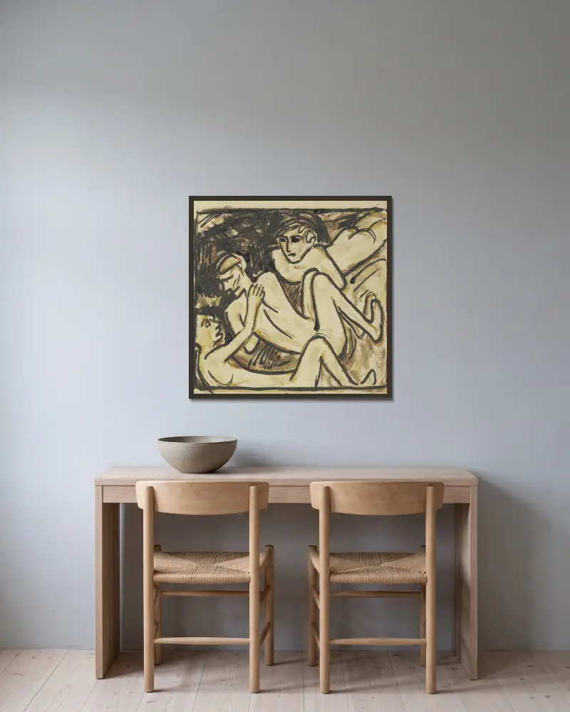 Three Reclining Nudes av Christian Rohlfs inramad på en vägg