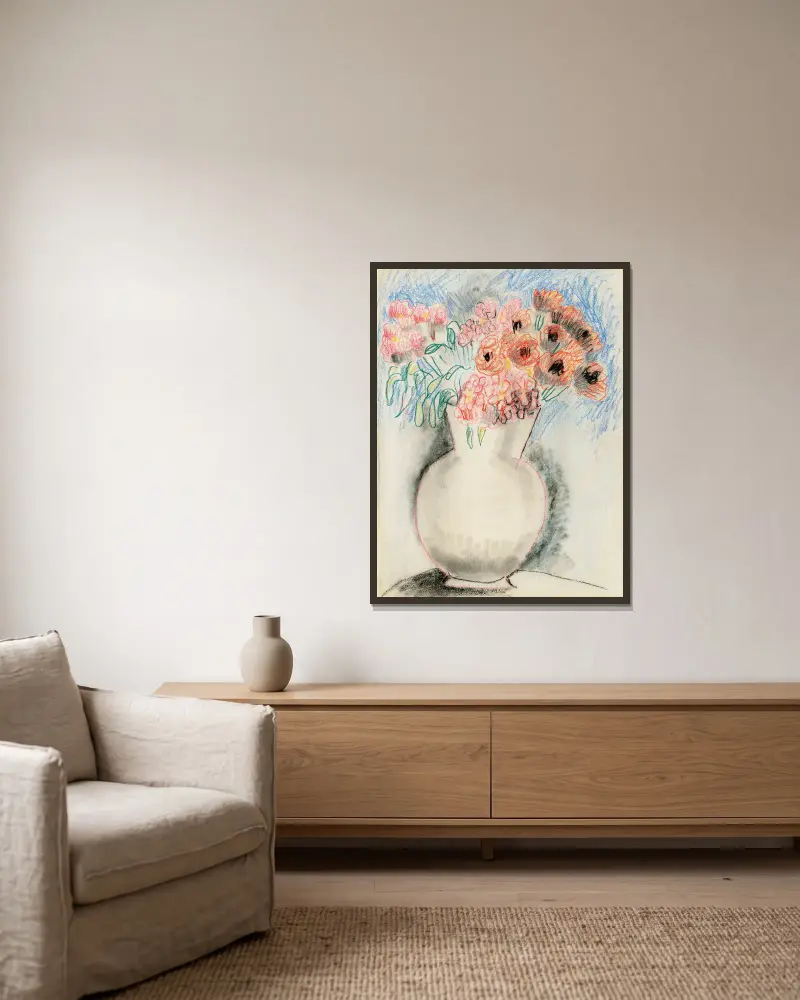 Pink Flowers in a Vase, Christopher Wood v rámu na stěně