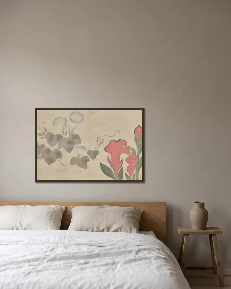 Das Kōrin-Bilderbuch Taf. 02 von Hōchū Nakamura gerahmt an einer Wand