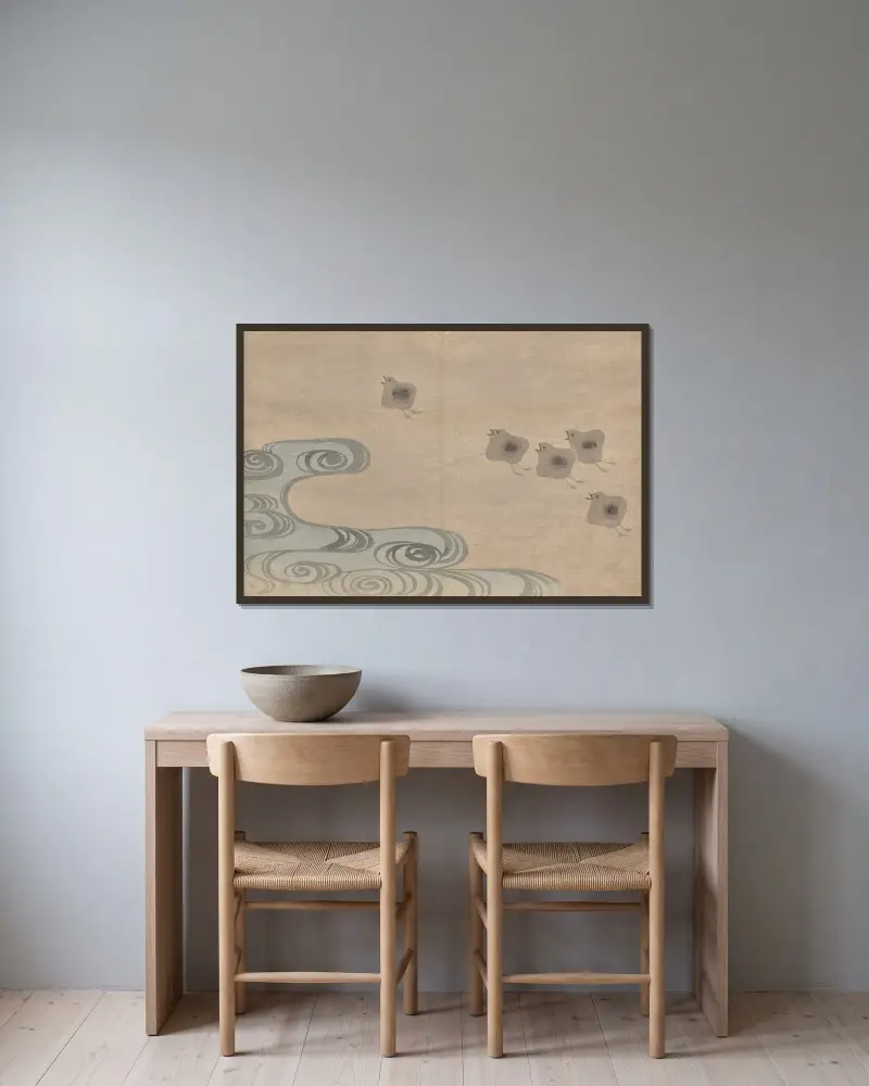 Kōrin-bildboken, plansch 11 av Hōchū Nakamura inramad på en vägg