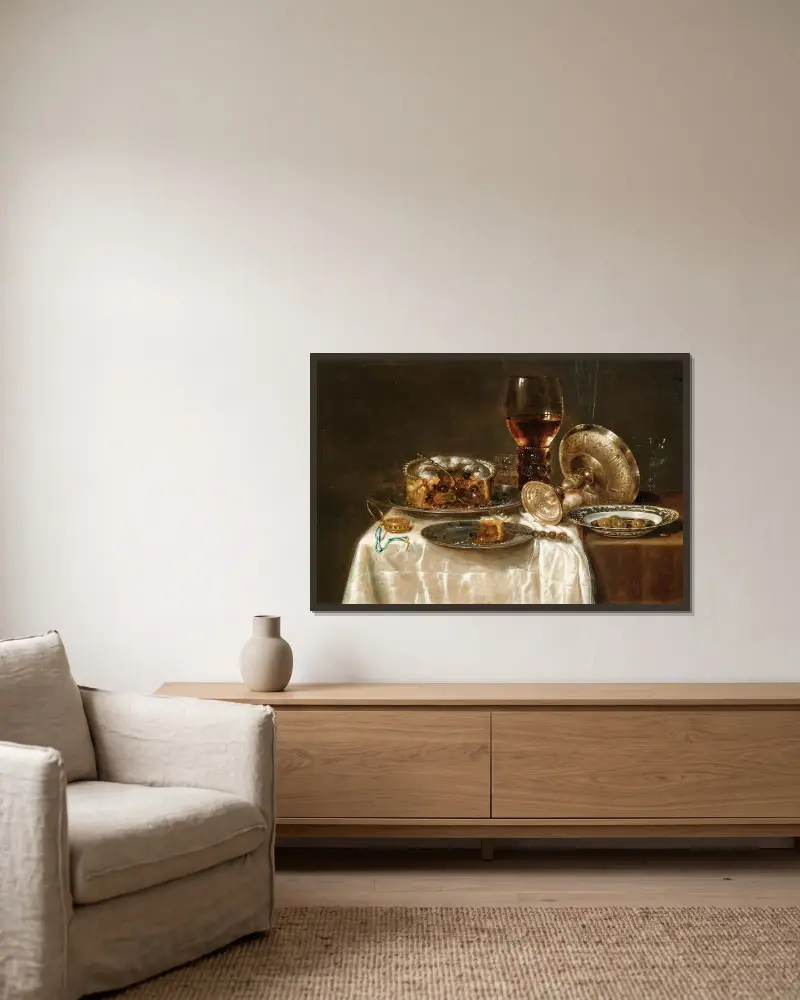 Oliver i en blåvit porslinsskål, ett roemer, vinglas, en omkullvält tazza i silver och en köttpaj av Willem Claesz Heda inramad på en vägg
