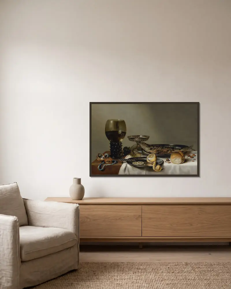 Stilleben med remmare och fickur av Willem Claesz Heda inramad på en vägg