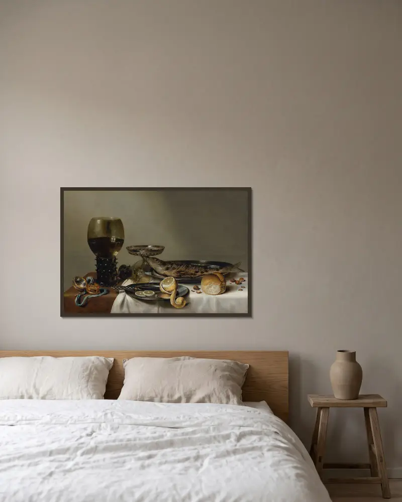 Stilleben med remmare och fickur av Willem Claesz Heda inramad på en vägg