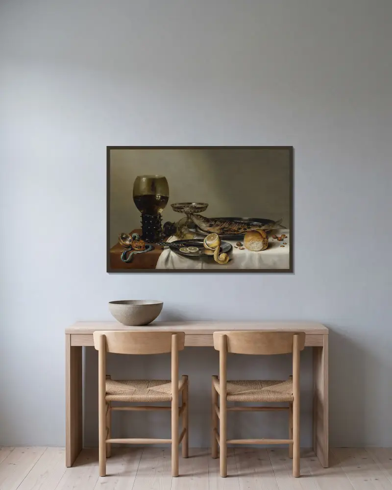 Stilleben med remmare och fickur av Willem Claesz Heda inramad på en vägg