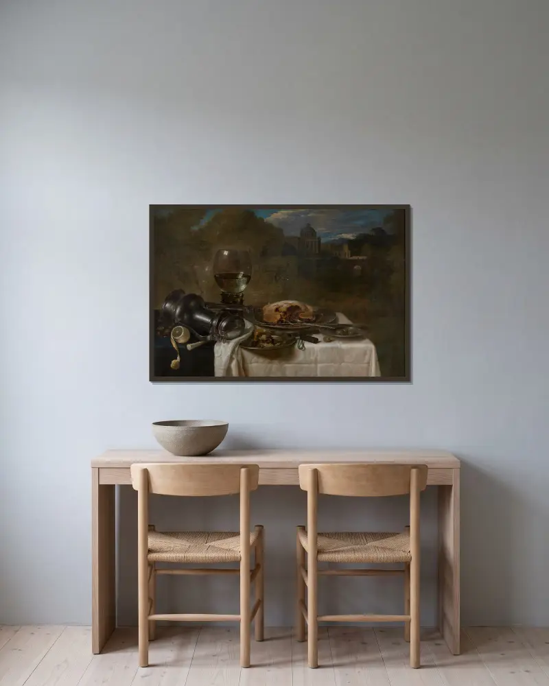 Stilleben med glas och bakverk av Willem Claesz Heda inramad på en vägg