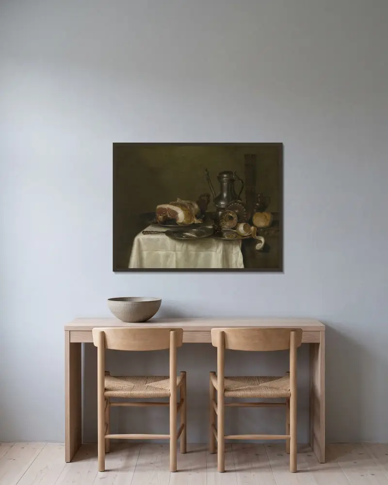 Still life with ham and bread av Willem Claesz Heda inramad på en vägg