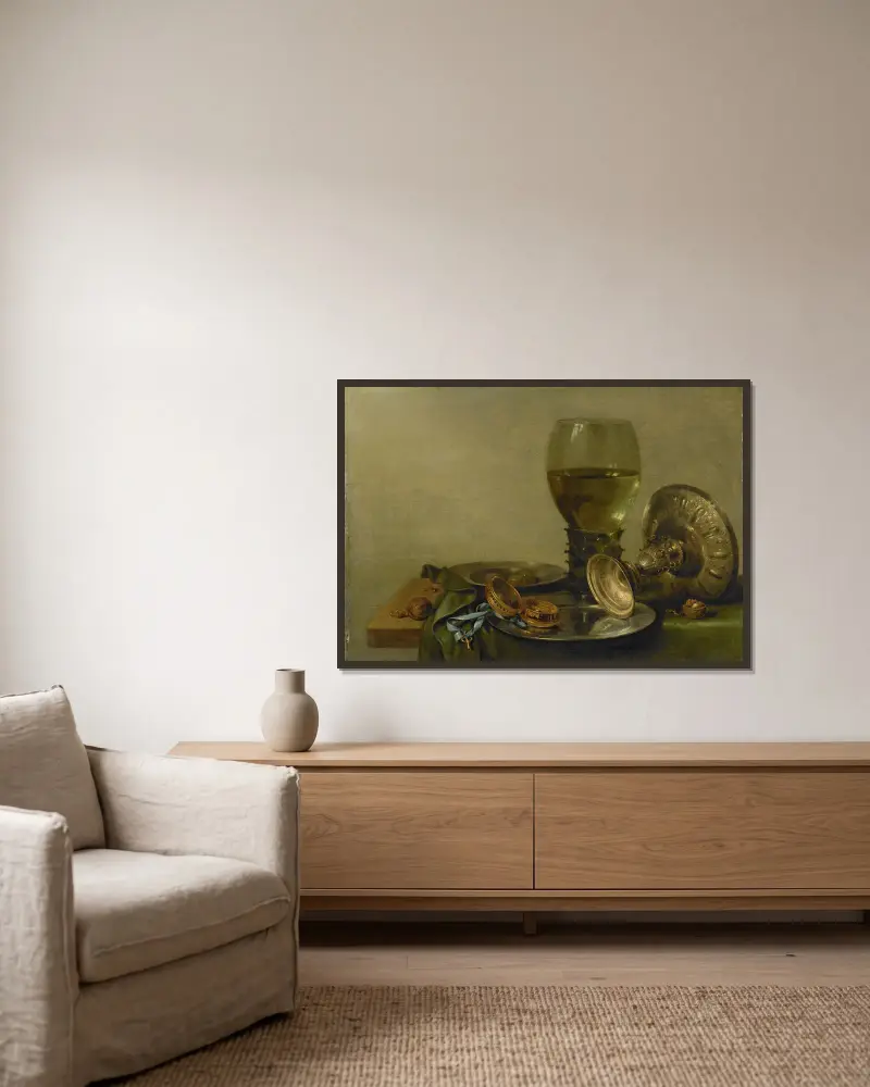 Stillleben mit Römer und Silbertazza von Willem Claesz Heda gerahmt an einer Wand