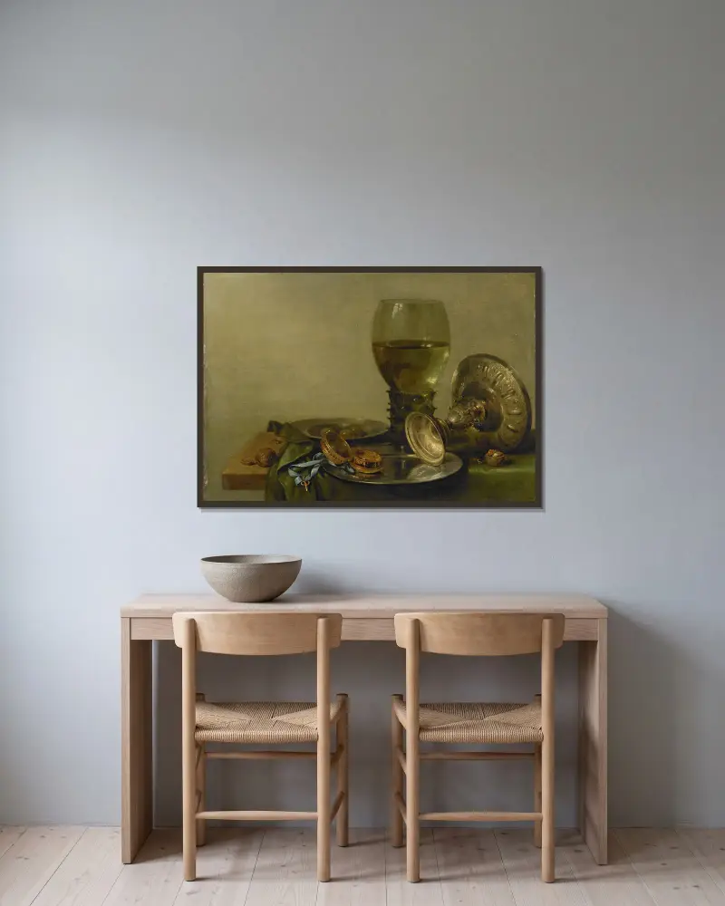 Stillleben mit Römer und Silbertazza von Willem Claesz Heda gerahmt an einer Wand