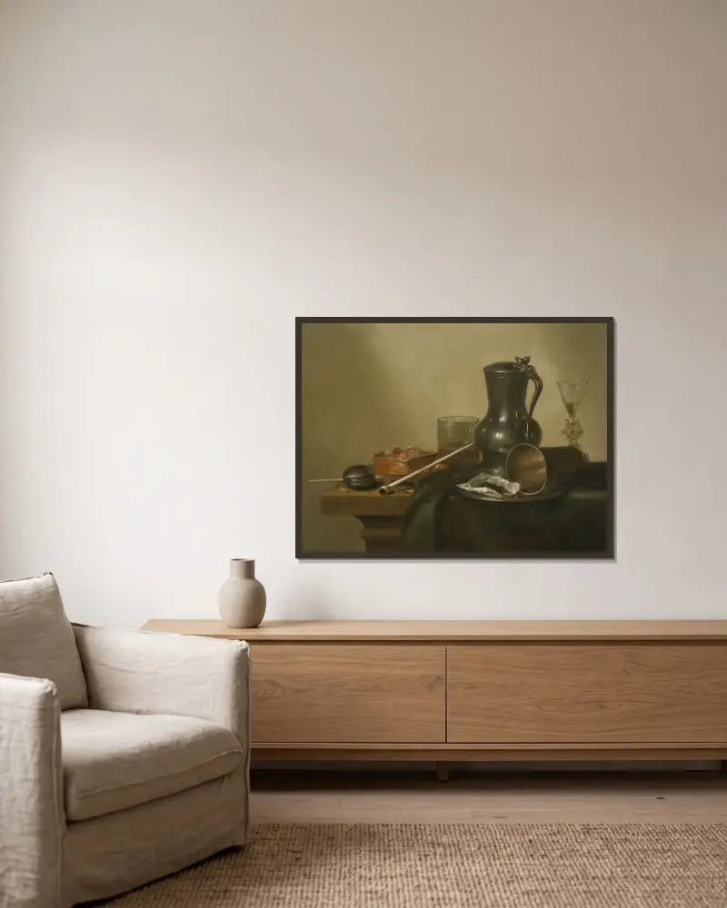 Tobacco Still Life av Willem Claesz Heda inramad på en vägg