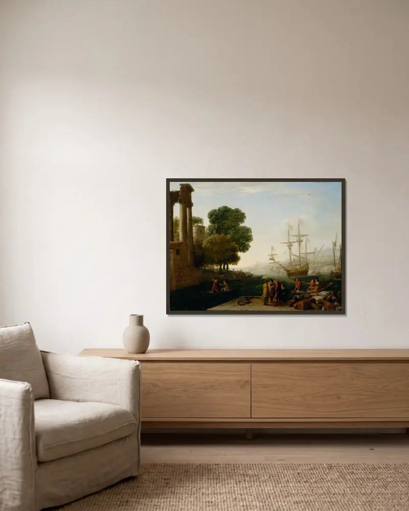 A Seaport at Sunset av Claude Lorrain inramad på en vägg