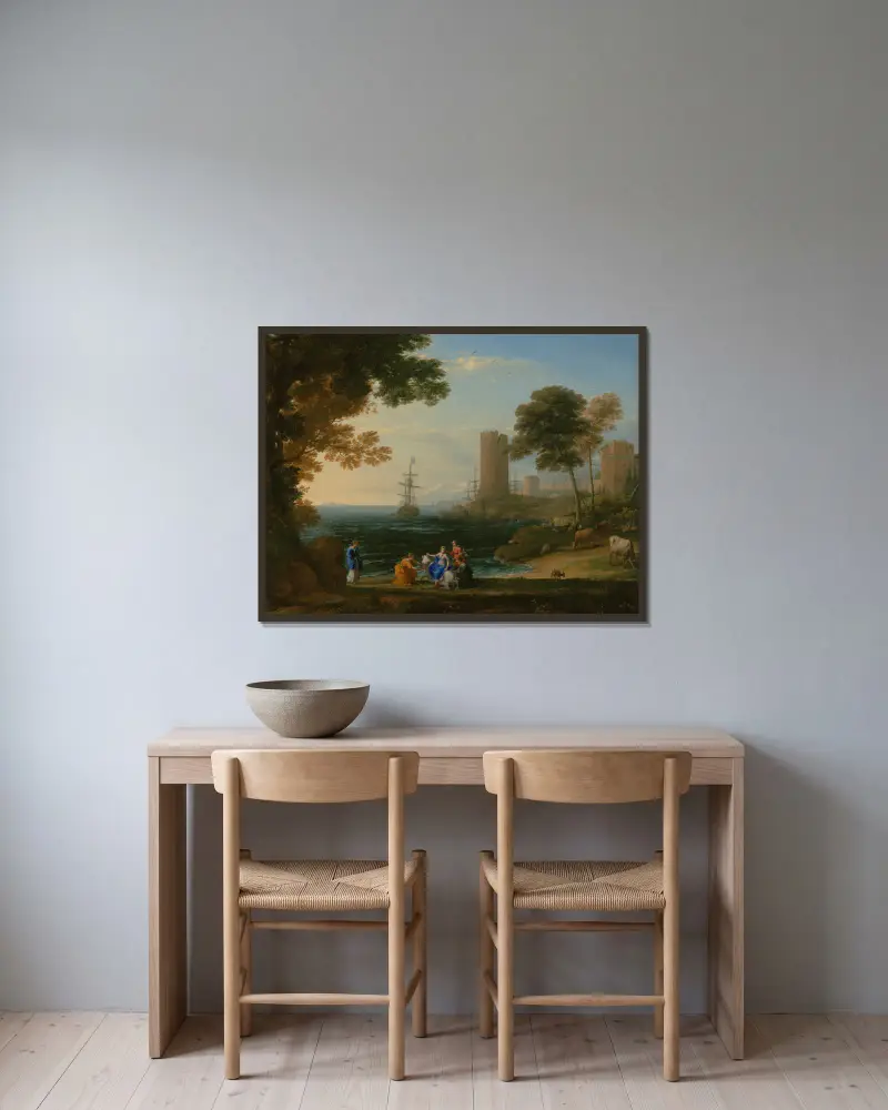 Kustvy med Europas bortrövande av Claude Lorrain inramad på en vägg