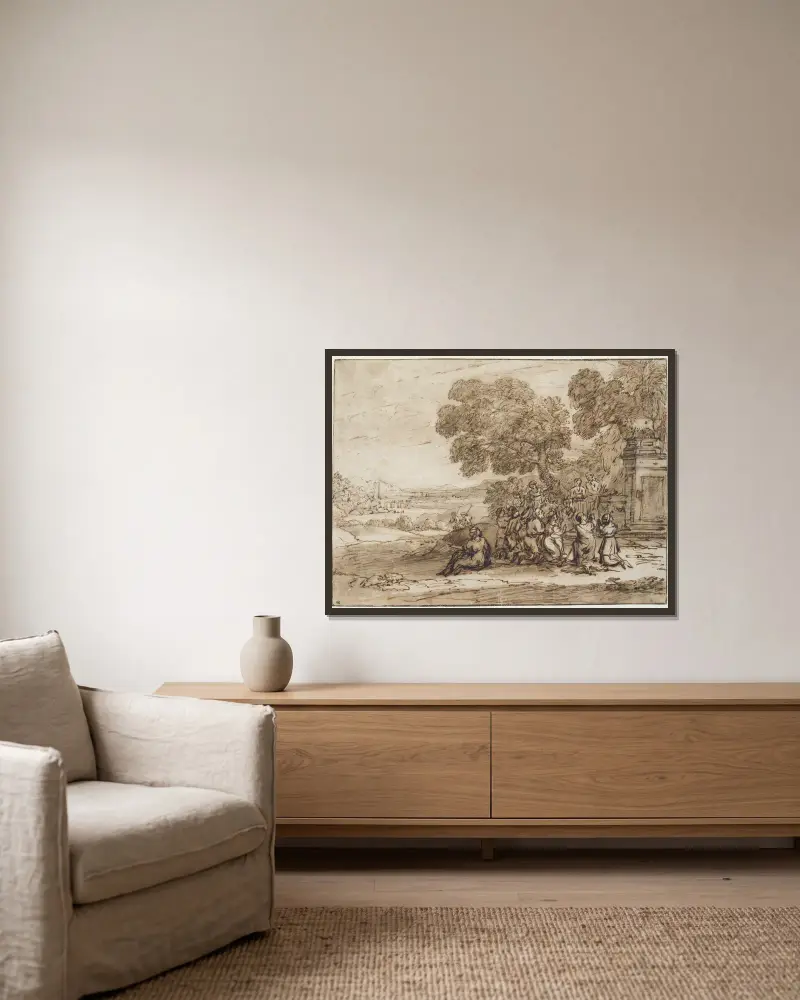 Tillbedjan av guldkalven, 1653 – nr 2 av Claude Lorrain inramad på en vägg