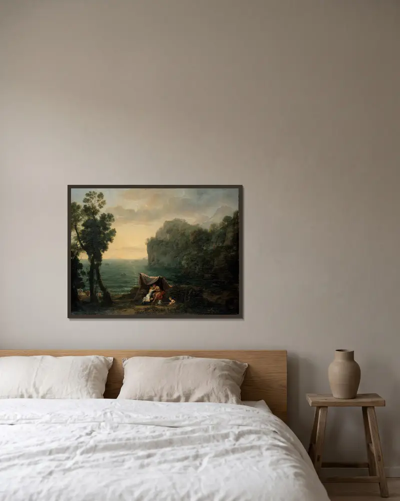 Landscape with Acis and Galatea av Claude Lorrain inramad på en vägg
