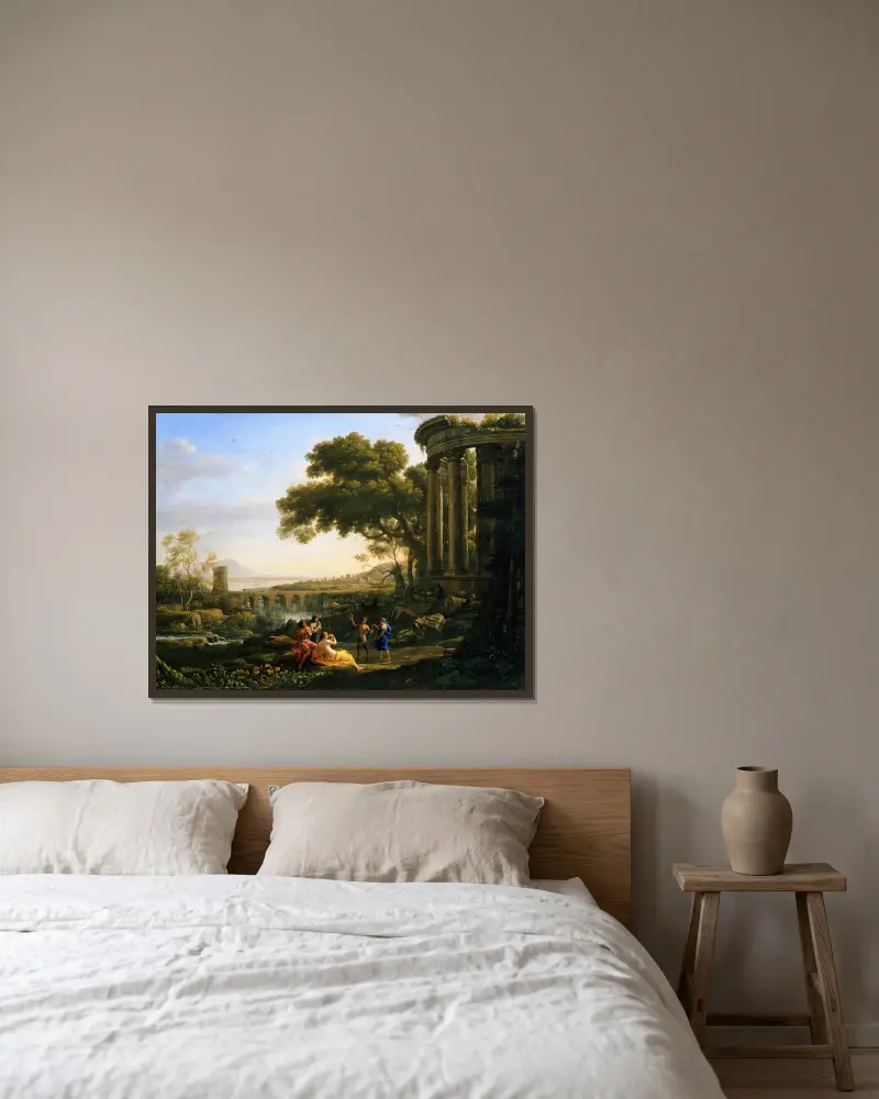 Landscape with Nymph and Satyr Dancing av Claude Lorrain inramad på en vägg
