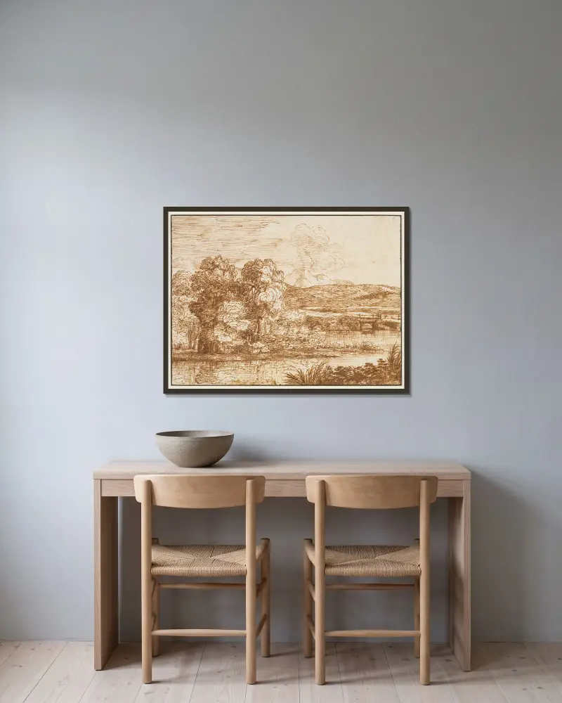 Landschaft mit Baumgruppe am Wasser av Claude Lorrain inramad på en vägg