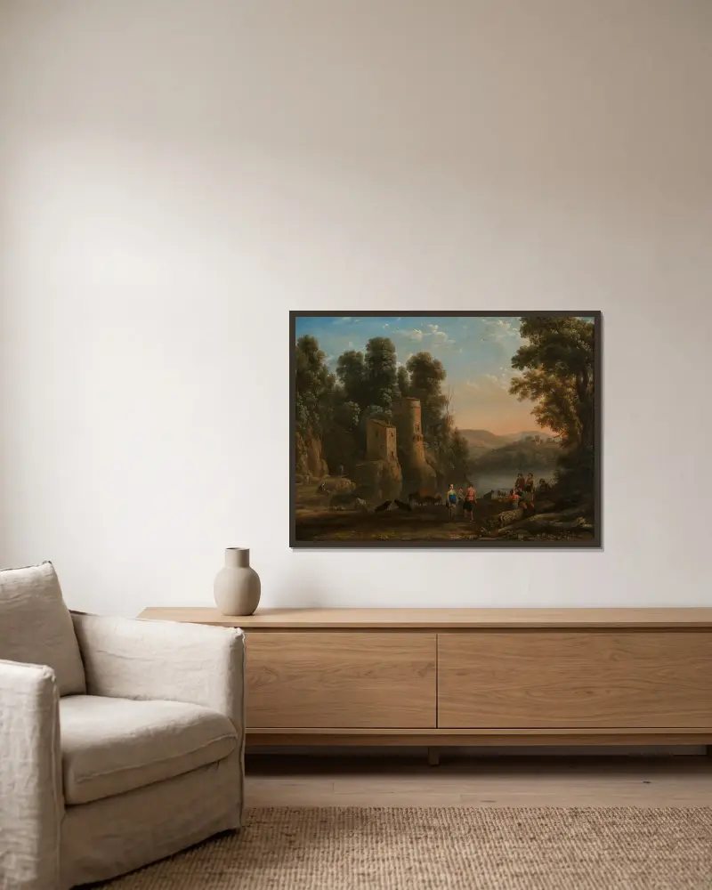 Landschaft mit Hirten (Der Tanz am Ufer) av Claude Lorrain inramad på en vägg