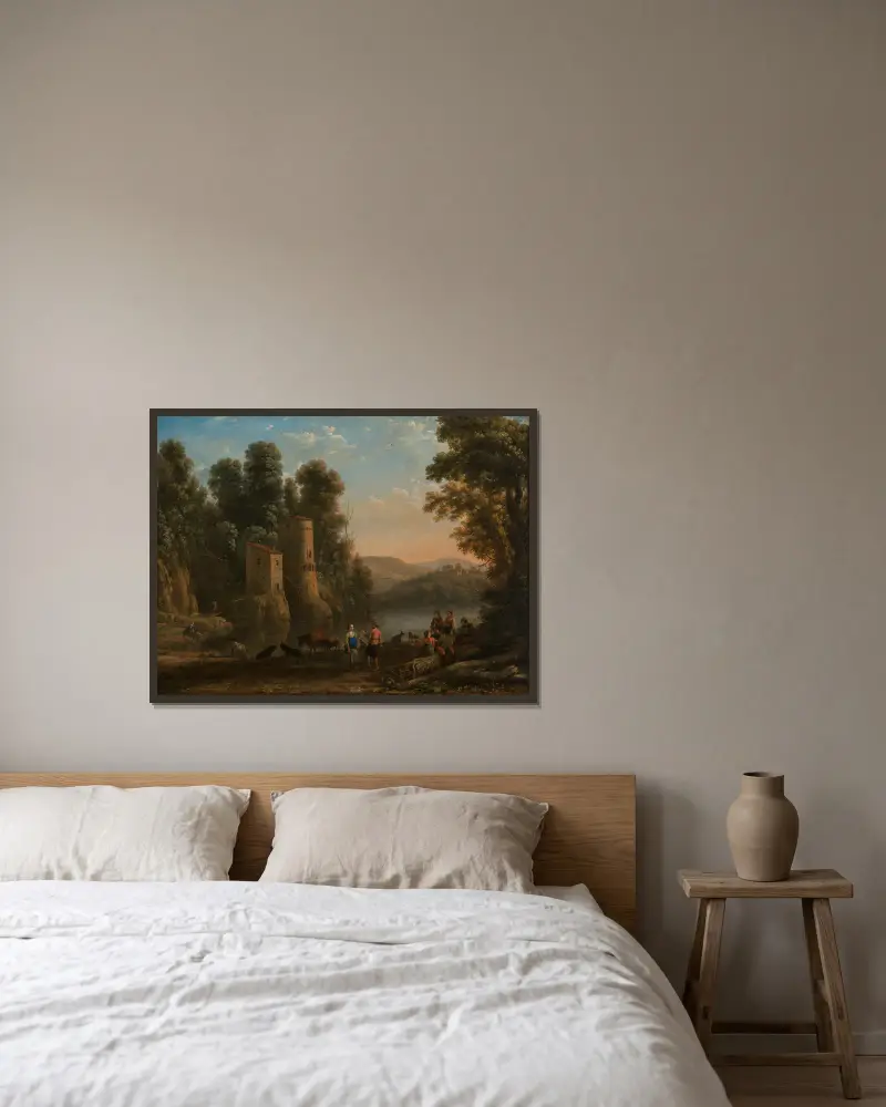 Landschaft mit Hirten (Der Tanz am Ufer) av Claude Lorrain inramad på en vägg