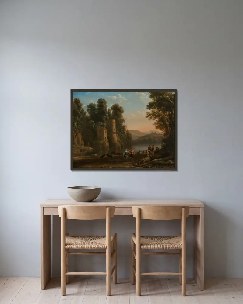 Landschaft mit Hirten (Der Tanz am Ufer) av Claude Lorrain inramad på en vägg